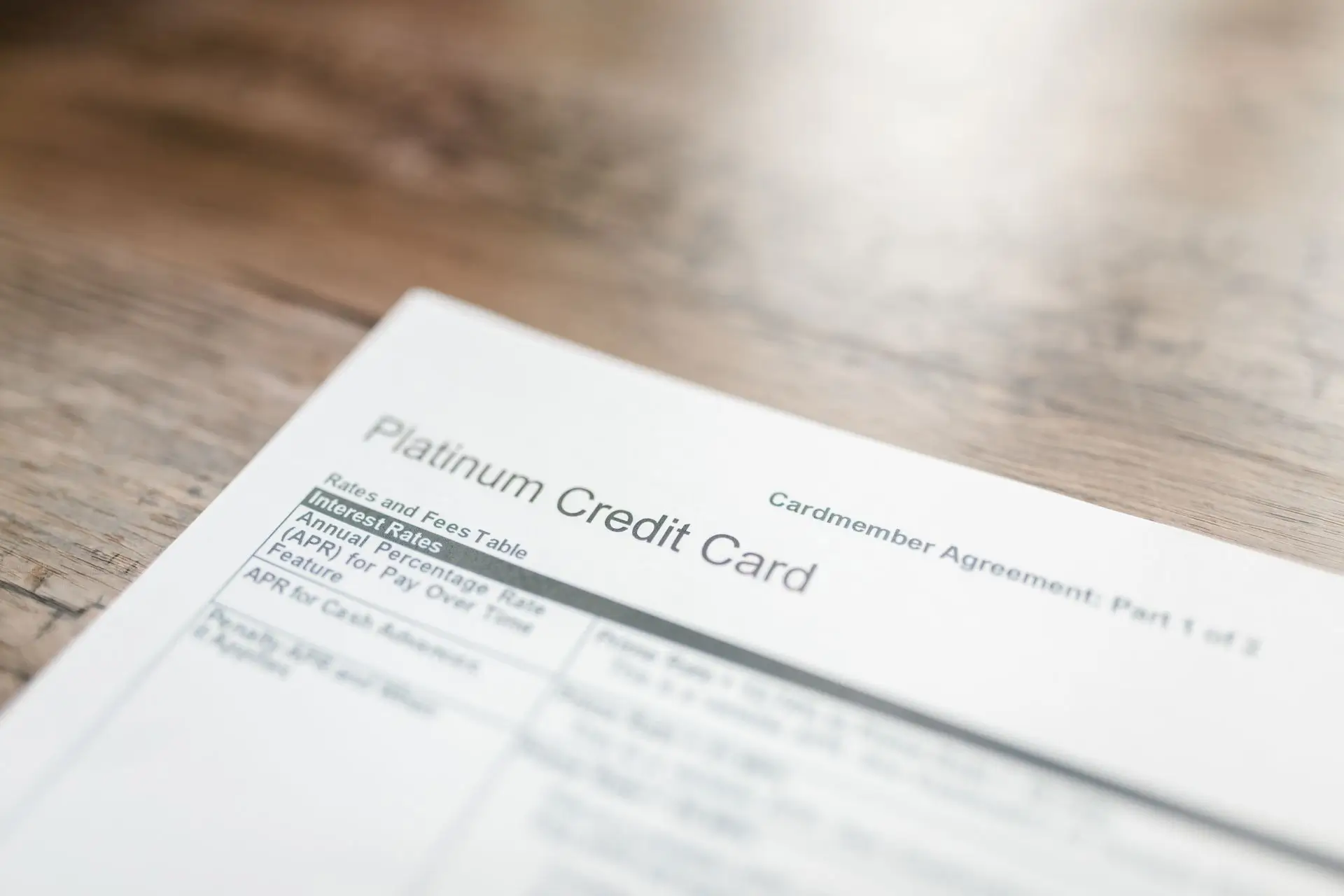 Business Credit Education | Valyon Close-up of a credit card agreement with a rates and fees table