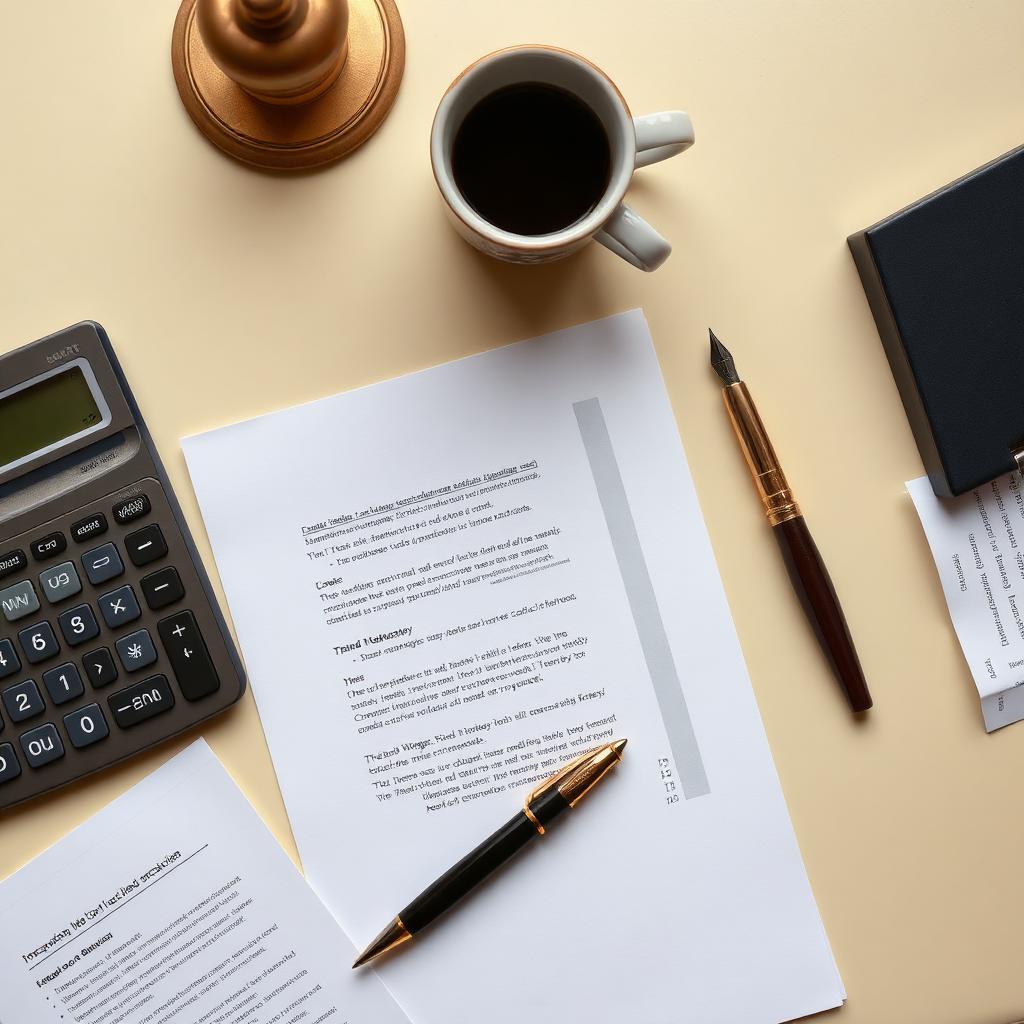 Valyon business consulting services Overhead flat lay of business planning documents, calculator and coffee